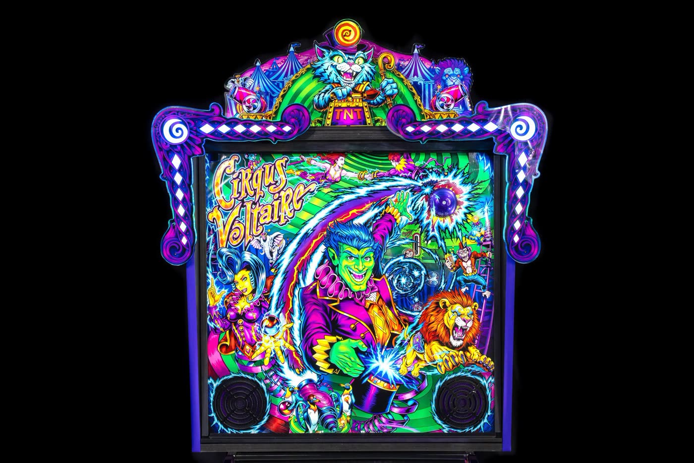 Backbox iluminado de la Ringmaster Edition, con el arte del cartel y los altavoces integrados
