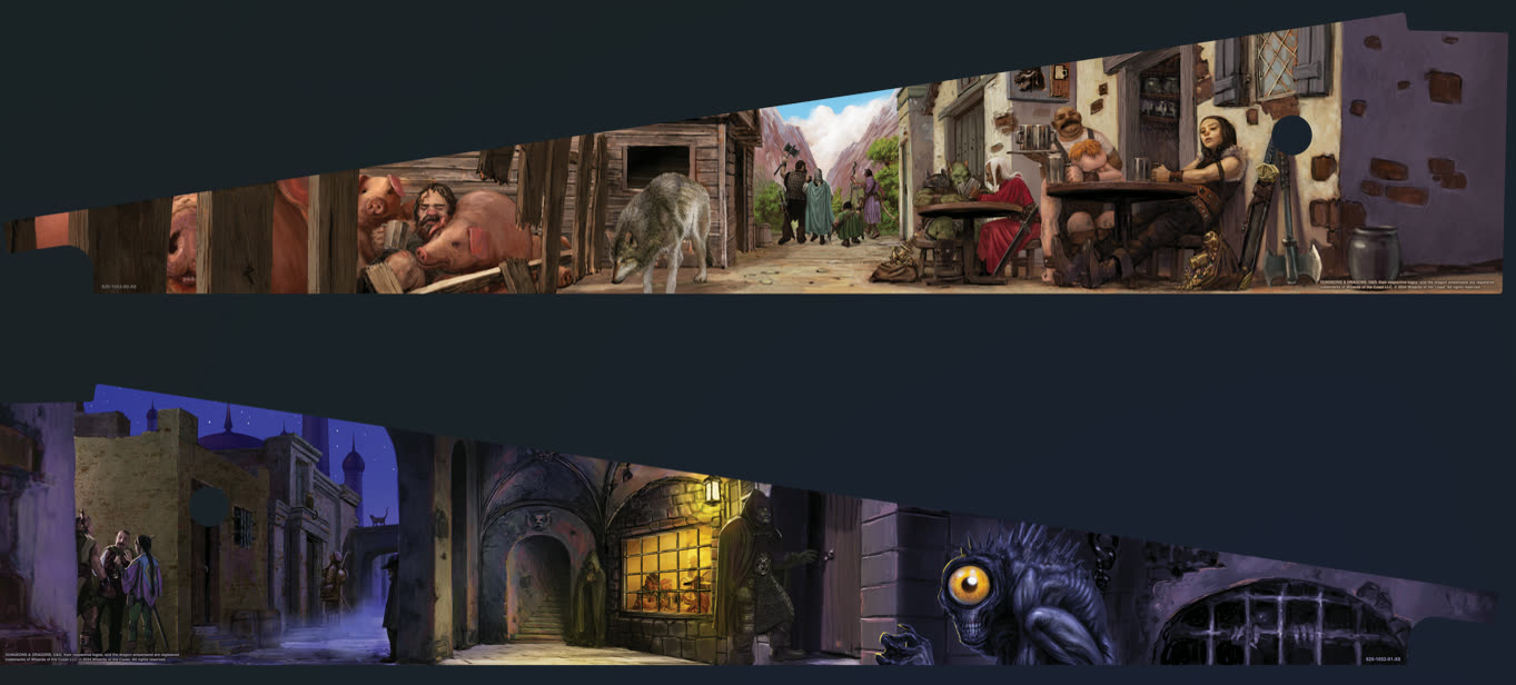 Blades de arte interior con la escena del pueblo de día en la parte superior y de noche en la inferior