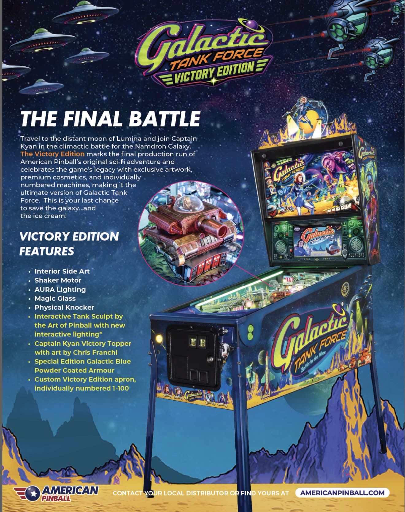 Hoja de producto oficial de American Pinball con las características de la Victory Edition