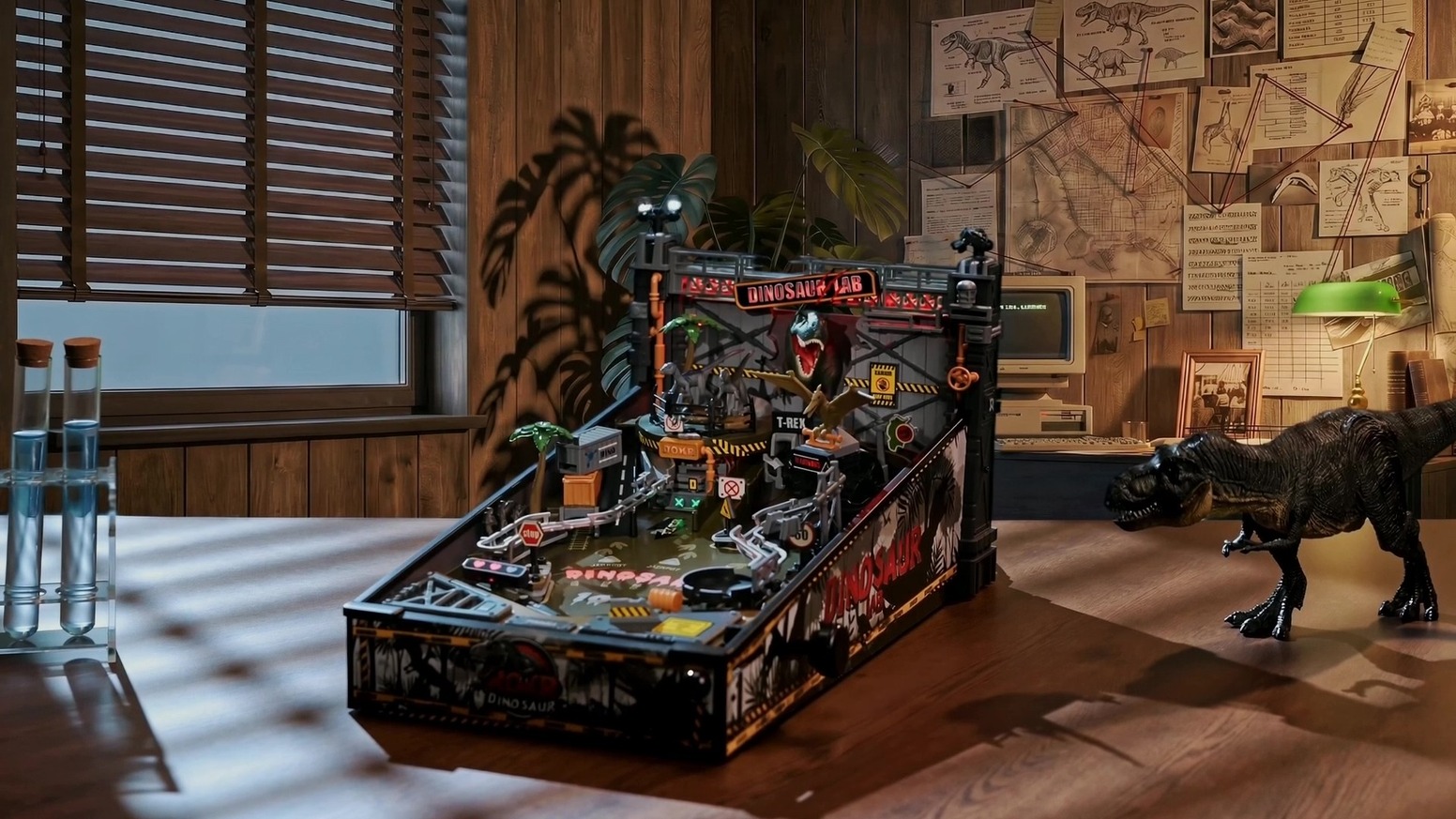 Dinosaur Lab Pinball de ROKR ya montado sobre una mesa