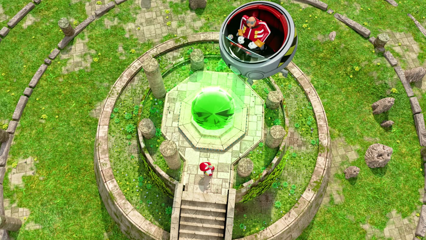 Render de la animación del nuevo modo, con Knuckles subiendo hacia el altar de la Master Emerald mientras el Dr. Eggman observa desde su cápsula voladora