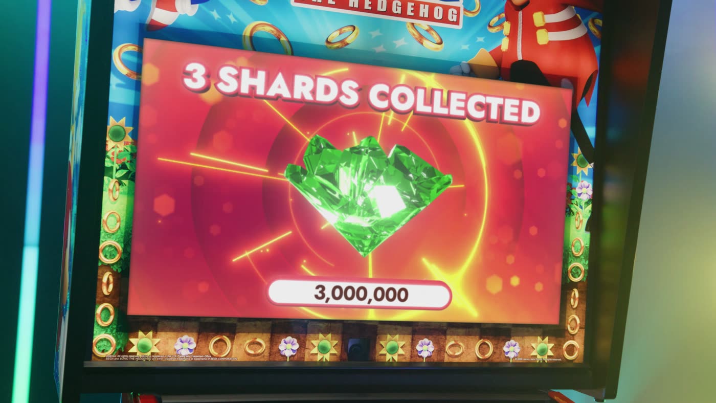 Pantalla del juego mostrando "3 SHARDS COLLECTED" junto a una gema verde y una puntuación de 3.000.000 de puntos