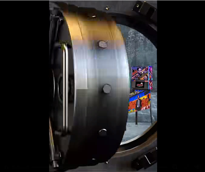 Gráfica promocional de Stern anunciando la entrada de John Wick en el Vault, con la máquina asomando tras la puerta de una caja fuerte