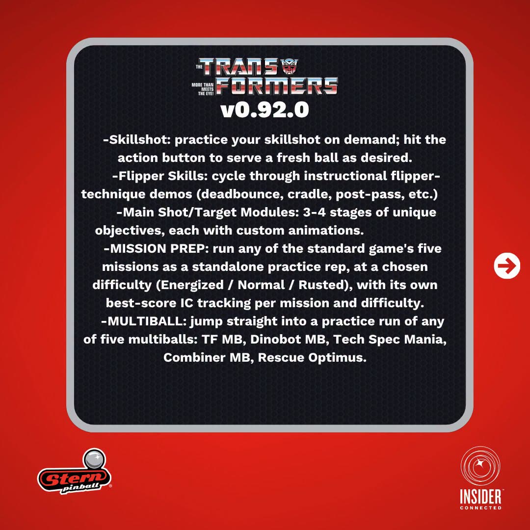 Pantalla de notas del parche 0.92.0 de Transformers detallando el nuevo Prime Training Mode: Skillshot, Flipper Skills, Main Shot/Target Modules, Mission Prep y Multiball